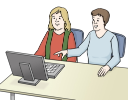 Eine Zeichnung von zwei Personen, die nebeneinander an einem Tisch mit einem Computer sitzen. Die Person rechts zeigt auf etwas auf dem Computerbildschirm. 
