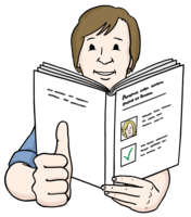 A drawing of a person holding a book and giving thumps up.