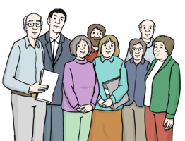 Eine Zeichnung von einer Gruppe von Menschen, die nebeneinander aufgereiht stehen. 