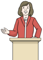 Eine Zeichnung von einer Frau, die an einem Pult steht und in ein Mikrofon spricht. Ihre linke Hand ist gestikulierend erhoben, die andere liegt auf dem Pult.