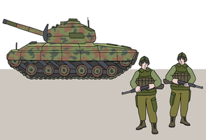 Die Zeichnung eines Panzers in Tarnfarben, vor dem zwei Soldaten in dunkelgrüner Ausrüstung mit Waffen in der Hand stehen. 
