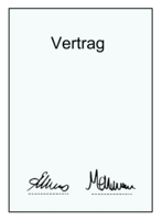 Ein Papier auf dem oben "Vertrag" steht. Unten stehen zwei Unterschriften.