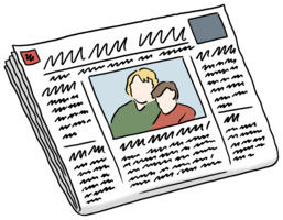 Eine Zeichnung von einer Zeitung, deren Schrift man nicht lesen kann und einem Bild von zwei Menschen, die allerdings ebenfalls nicht richtig zu sehen sind. 