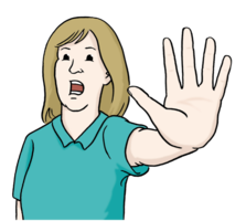 A drawing of a woman holding her hand out in front of her like a stop sign while shouting something. 